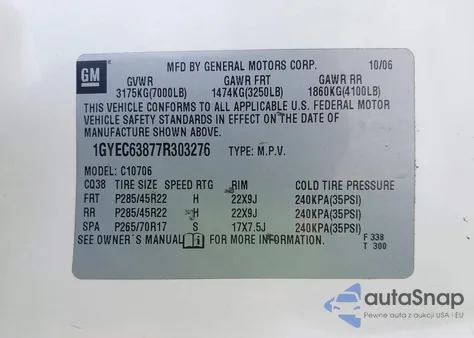 2007 Cadillac Escalade Standard из США, поврежденный, VIN 1GYEC63877R303276